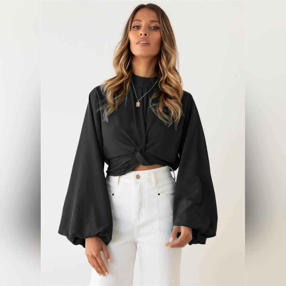 Black Satiny Lantern Long Sleeve Twisted Top